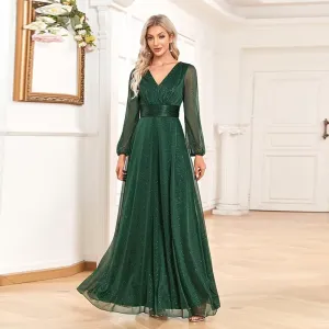 Long V Neck Evening Gowns A Line Sparkly Sequin Formal Dress for Women FBAMO02