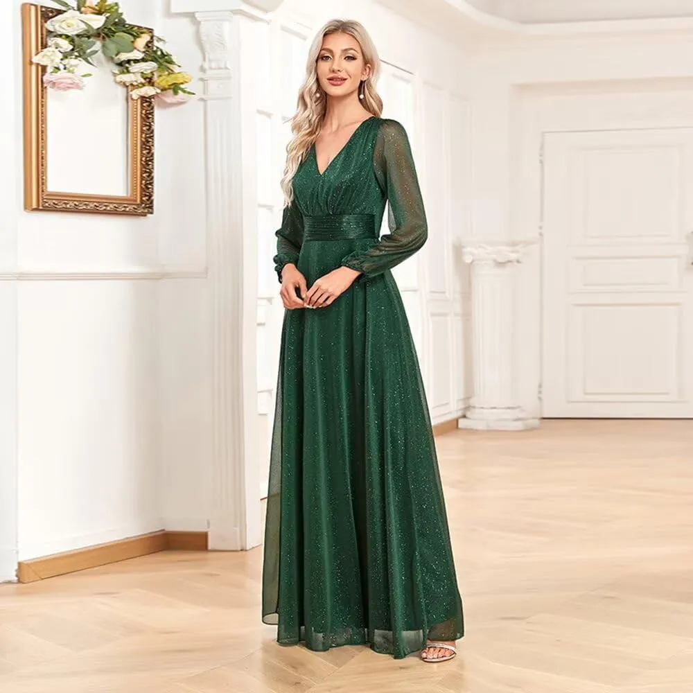Long V Neck Evening Gowns A Line Sparkly Sequin Formal Dress for Women FBAMO02