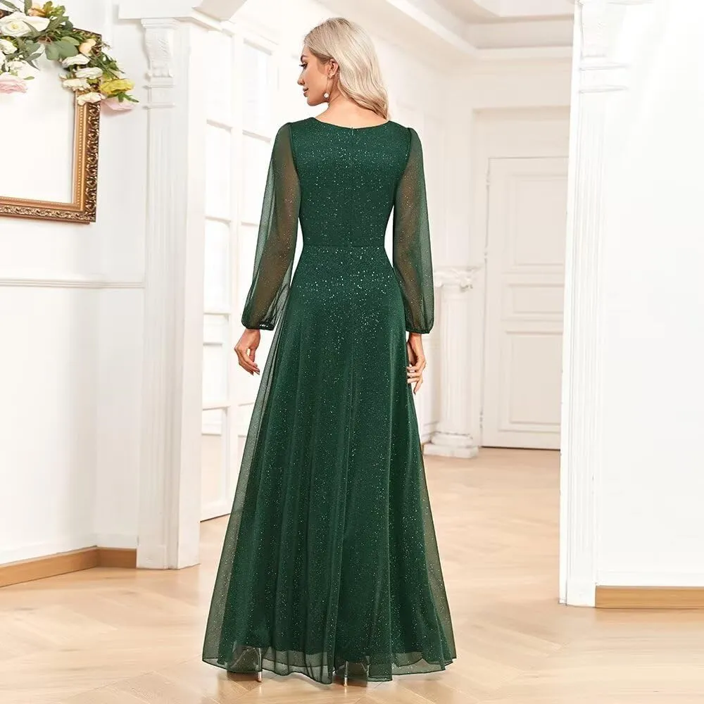 Long V Neck Evening Gowns A Line Sparkly Sequin Formal Dress for Women FBAMO02