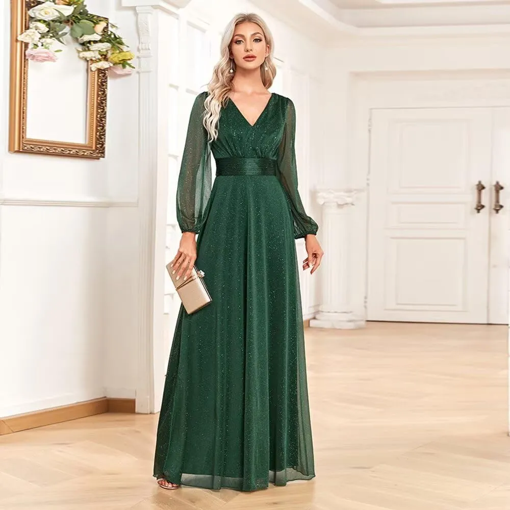 Long V Neck Evening Gowns A Line Sparkly Sequin Formal Dress for Women FBAMO02