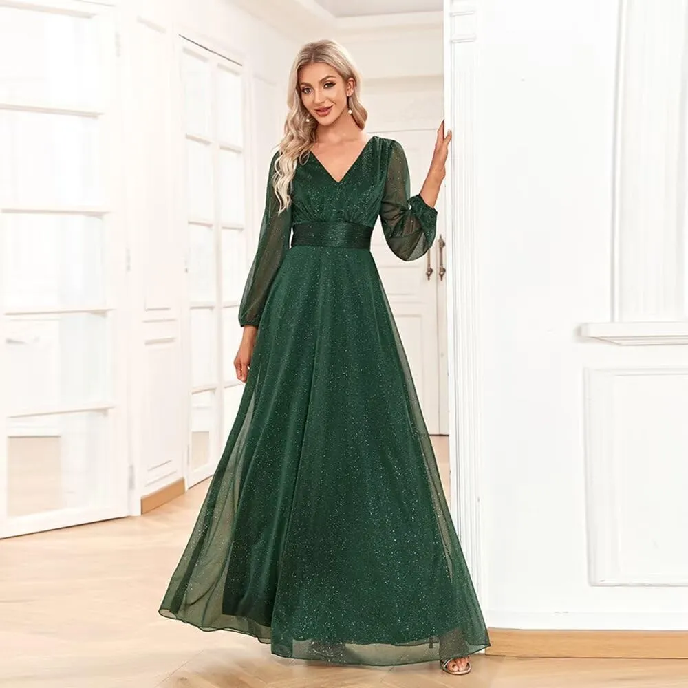 Long V Neck Evening Gowns A Line Sparkly Sequin Formal Dress for Women FBAMO02