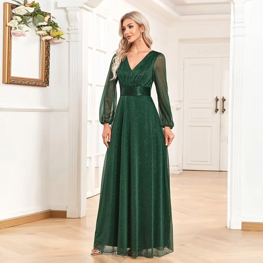 Long V Neck Evening Gowns A Line Sparkly Sequin Formal Dress for Women FBAMO02