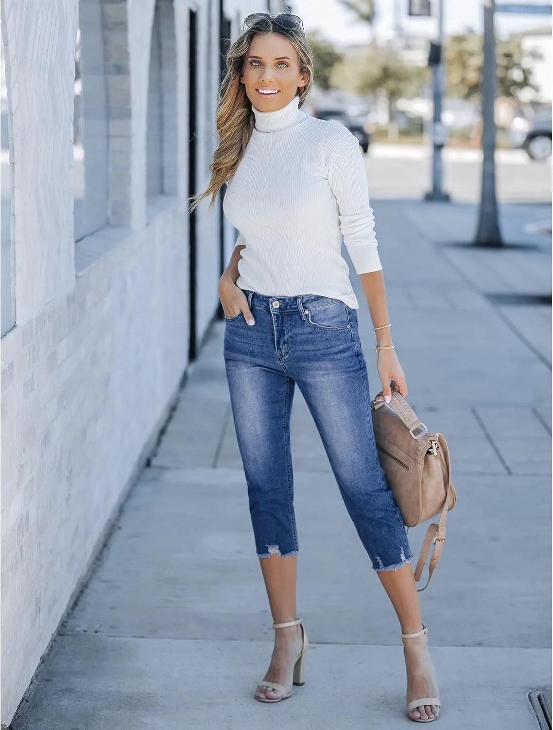 luvamia Jean Capri Pants for Women High Waisted Ripped Skinny Jeans Stretchy Denim Capris Cropped Jeggings with Pockets