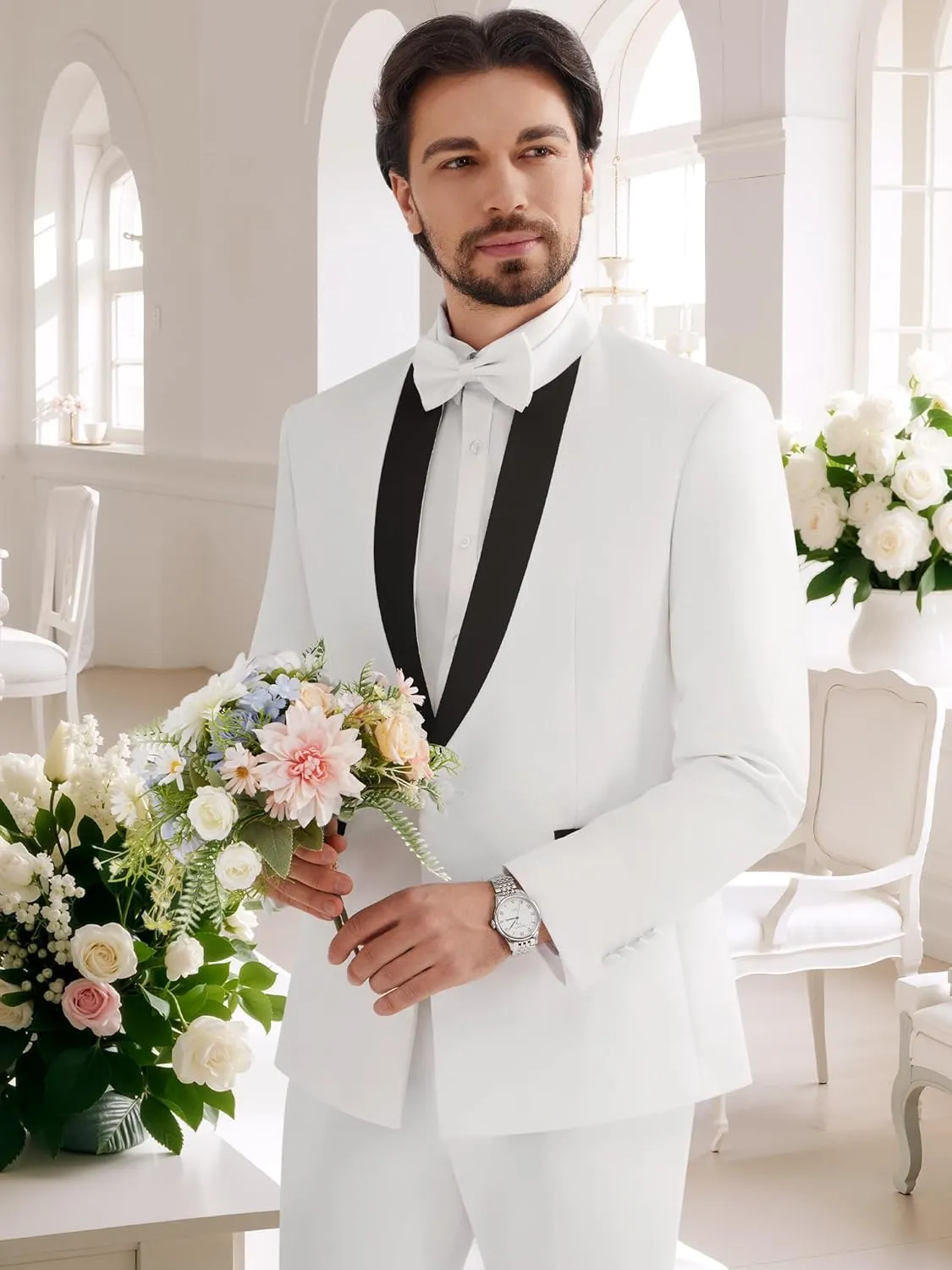 MAGE MALE Mens 2 Pieces Tuxedo Standing Collar Slim Fit One Button Color Clashing Design Suit Blazer Jacket and Pants Set