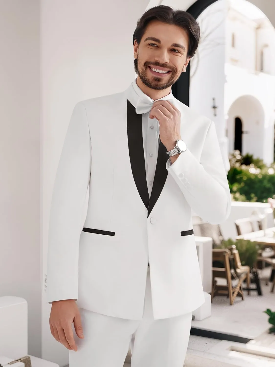 MAGE MALE Mens 2 Pieces Tuxedo Standing Collar Slim Fit One Button Color Clashing Design Suit Blazer Jacket and Pants Set