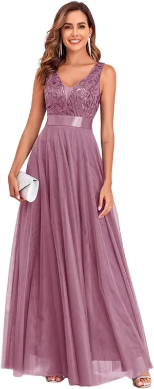 Mauve Sequin Tulle Long Formal Party Gowns A Line Sleeveless Evening Dresses for Women 2024 M