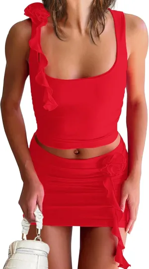 Meladyan Women's 2 Piece Outfits Rosette Flower Crop Tank Top And Bodycon High Waist Mini Skirt Set Tracksuit