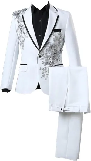 Mens 1 Button Print Dinner Blazer Jacket Pants Wedding Elegant Dress Suit 2 Pieces Luxury Embroidered Suits (Whitea1,Large)