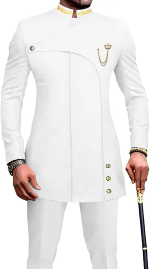 Men's 2 Pieces Suit Elegant Single Breated Slim Fit Embroidery Blazer Pants Set African Clothes Wedding
