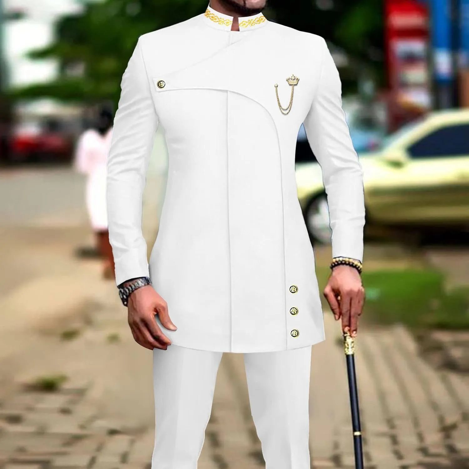 Men's 2 Pieces Suit Elegant Single Breated Slim Fit Embroidery Blazer Pants Set African Clothes Wedding
