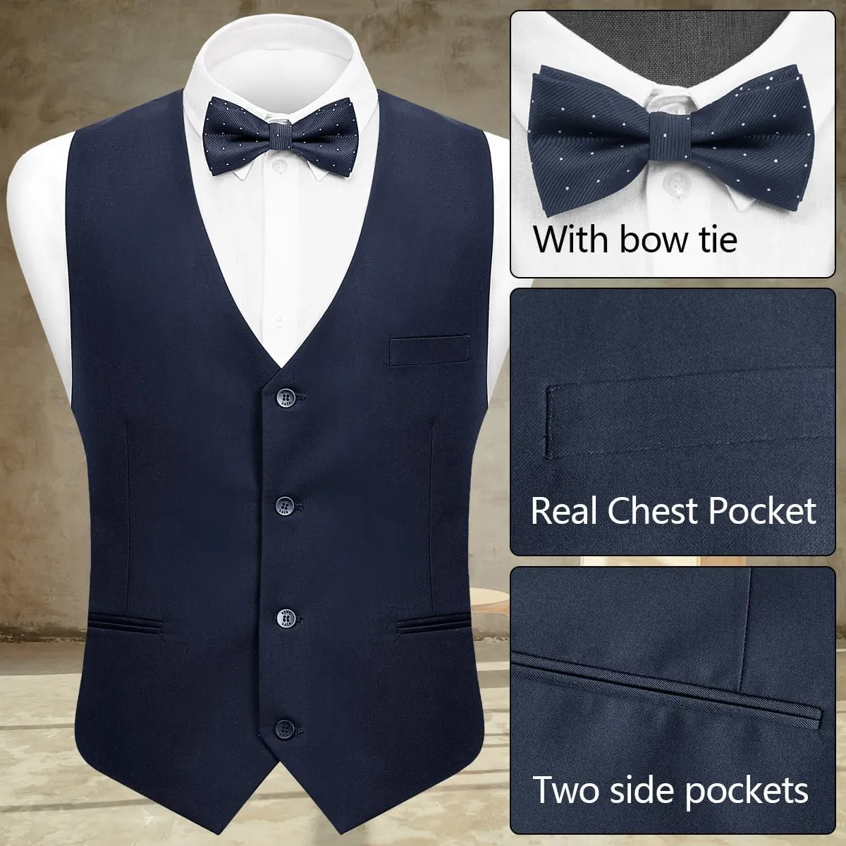 Men's 3-Piece Suit Slim Fit Suit Jacket Single Button Banquet Prom Wedding Suit Jacket Vest Pants and Bow Tie Set
