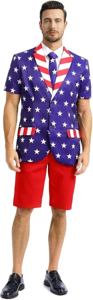 Men's 3-Piece Suits for Summer Theme Party, Short Sleeve Blazer & Shorts & Tie