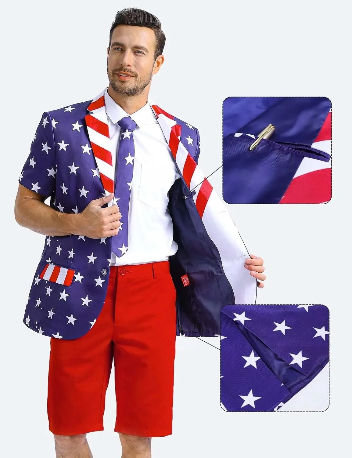 Men's 3-Piece Suits for Summer Theme Party, Short Sleeve Blazer & Shorts & Tie