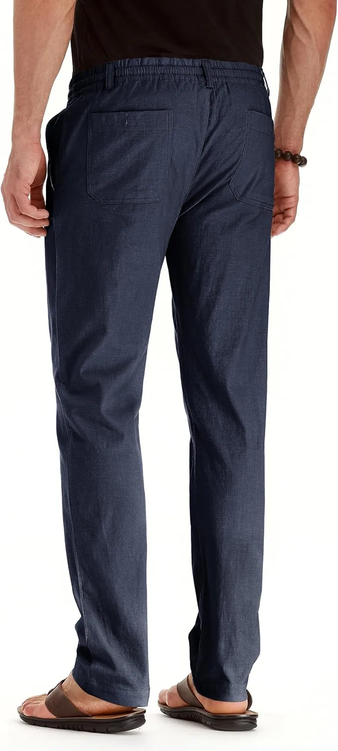 Mens Casual Linen Pants Loose Fit Elastic Drawstring Waist Summer Yoga Beach Trousers