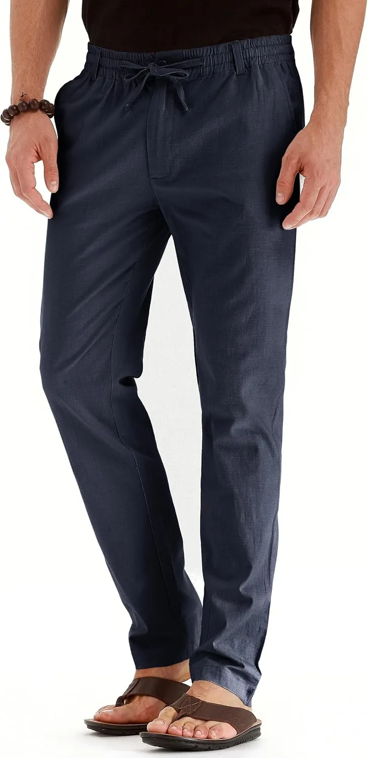 Mens Casual Linen Pants Loose Fit Elastic Drawstring Waist Summer Yoga Beach Trousers