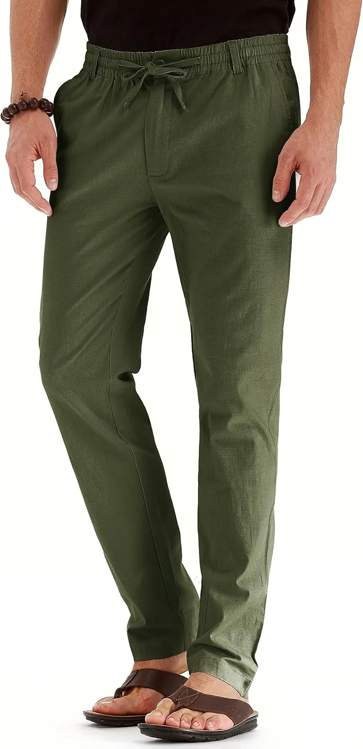 Mens Casual Linen Pants Loose Fit Elastic Drawstring Waist Summer Yoga Beach Trousers