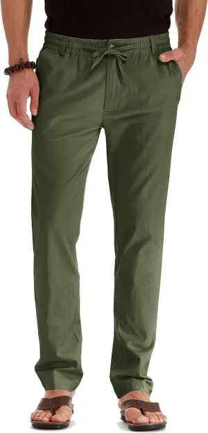 Mens Casual Linen Pants Loose Fit Elastic Drawstring Waist Summer Yoga Beach Trousers