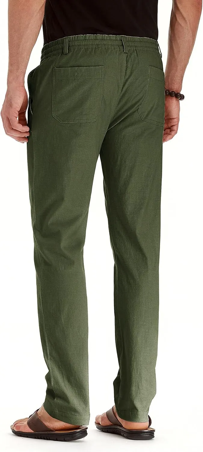 Mens Casual Linen Pants Loose Fit Elastic Drawstring Waist Summer Yoga Beach Trousers