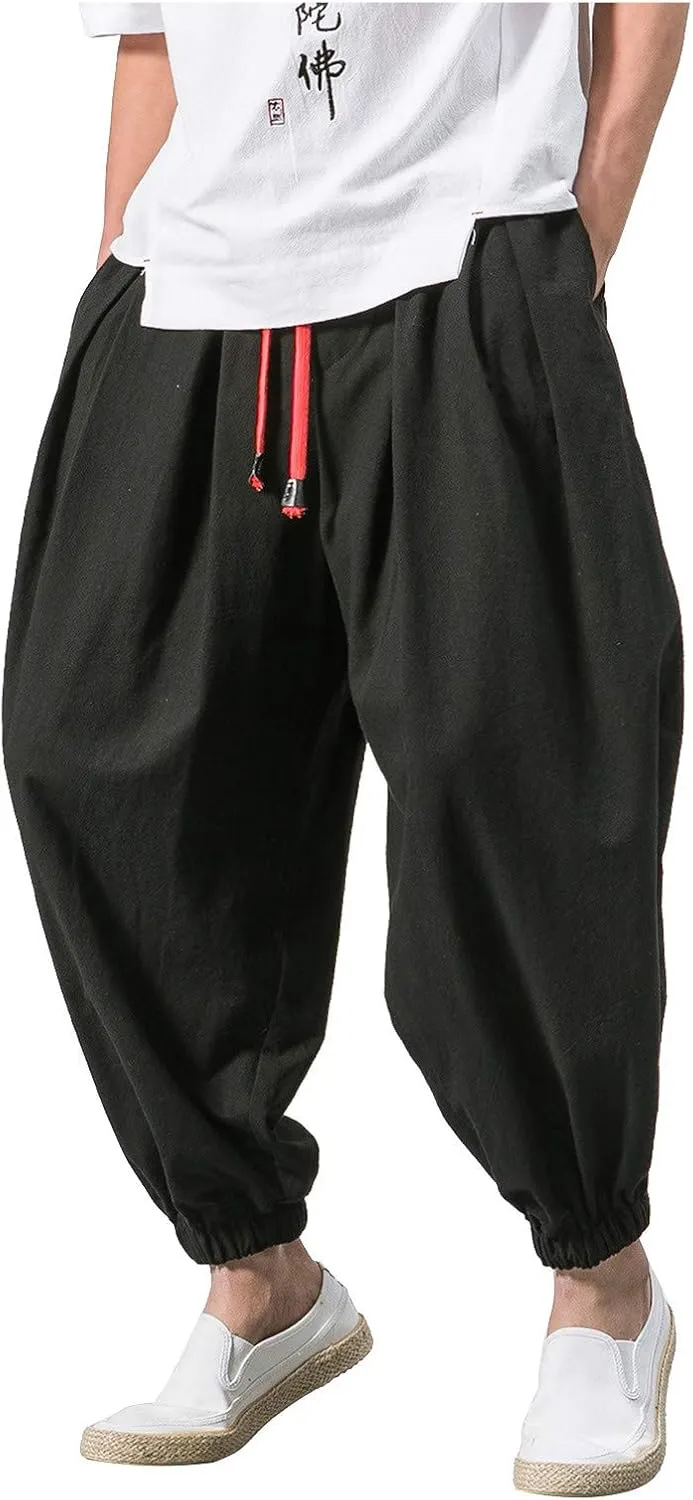 Mens Cotton Linen Hippie Harem Pants Baggy Linen Boho Yoga Pants Loose Casual Drop Crotch Trouser Drawstring Waist Sweatpants