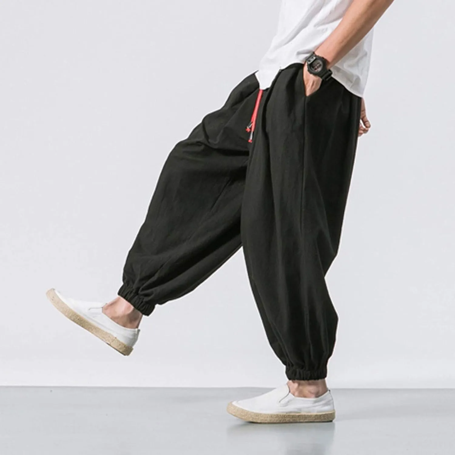 Mens Cotton Linen Hippie Harem Pants Baggy Linen Boho Yoga Pants Loose Casual Drop Crotch Trouser Drawstring Waist Sweatpants
