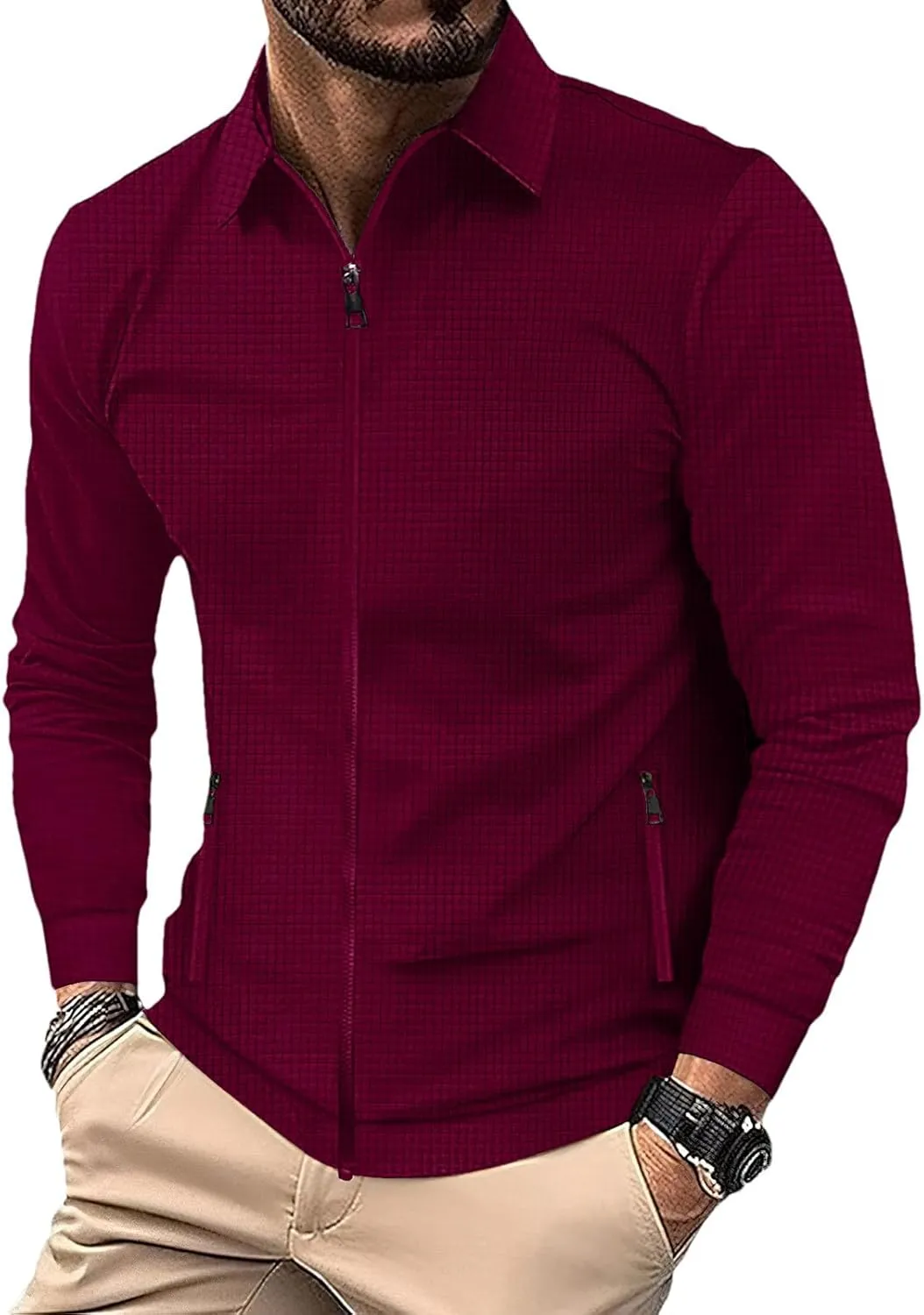 Men's Full Zip Polo Jacket & Drawstring Pants Set 2pcs Regular Fit Casual Sport Tracksuit with Pockets