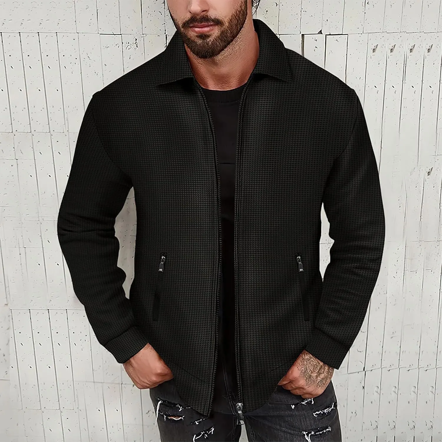 Men's Full Zip Polo Jacket & Drawstring Pants Set 2pcs Regular Fit Casual Sport Tracksuit with Pockets