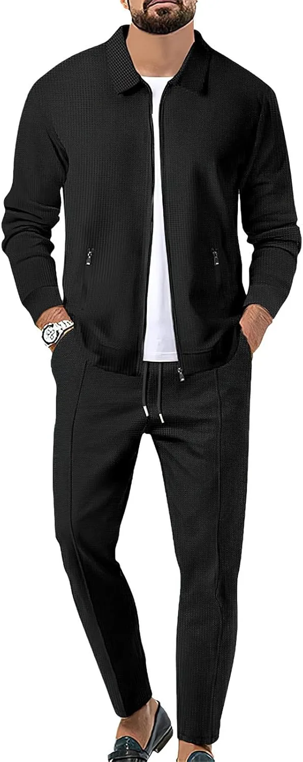 Men's Full Zip Polo Jacket & Drawstring Pants Set 2pcs Regular Fit Casual Sport Tracksuit with Pockets