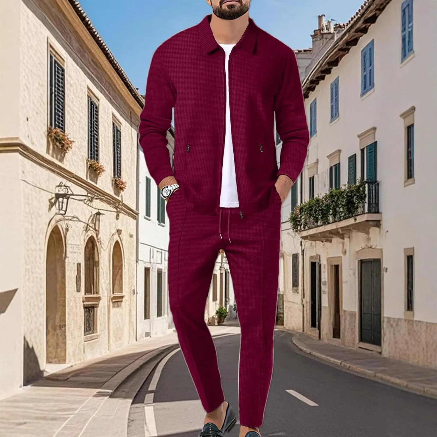 Men's Full Zip Polo Jacket & Drawstring Pants Set 2pcs Regular Fit Casual Sport Tracksuit with Pockets