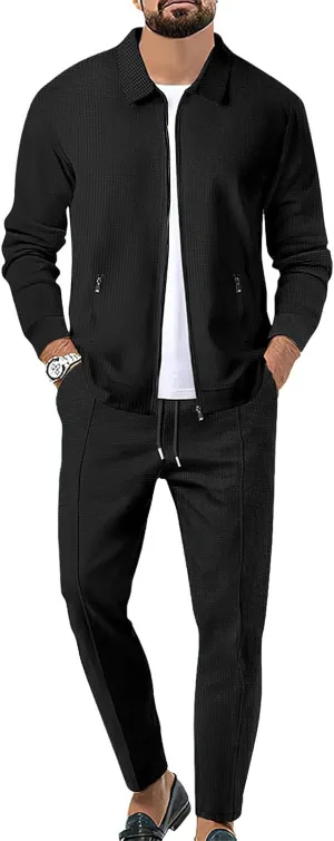 Men's Full Zip Polo Jacket & Drawstring Pants Set 2pcs Regular Fit Casual Sport Tracksuit with Pockets
