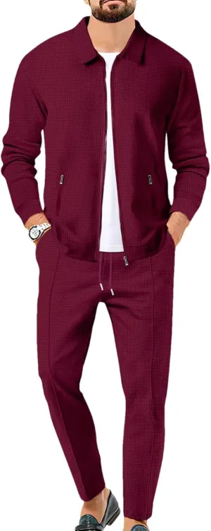 Men's Full Zip Polo Jacket & Drawstring Pants Set 2pcs Regular Fit Casual Sport Tracksuit with Pockets