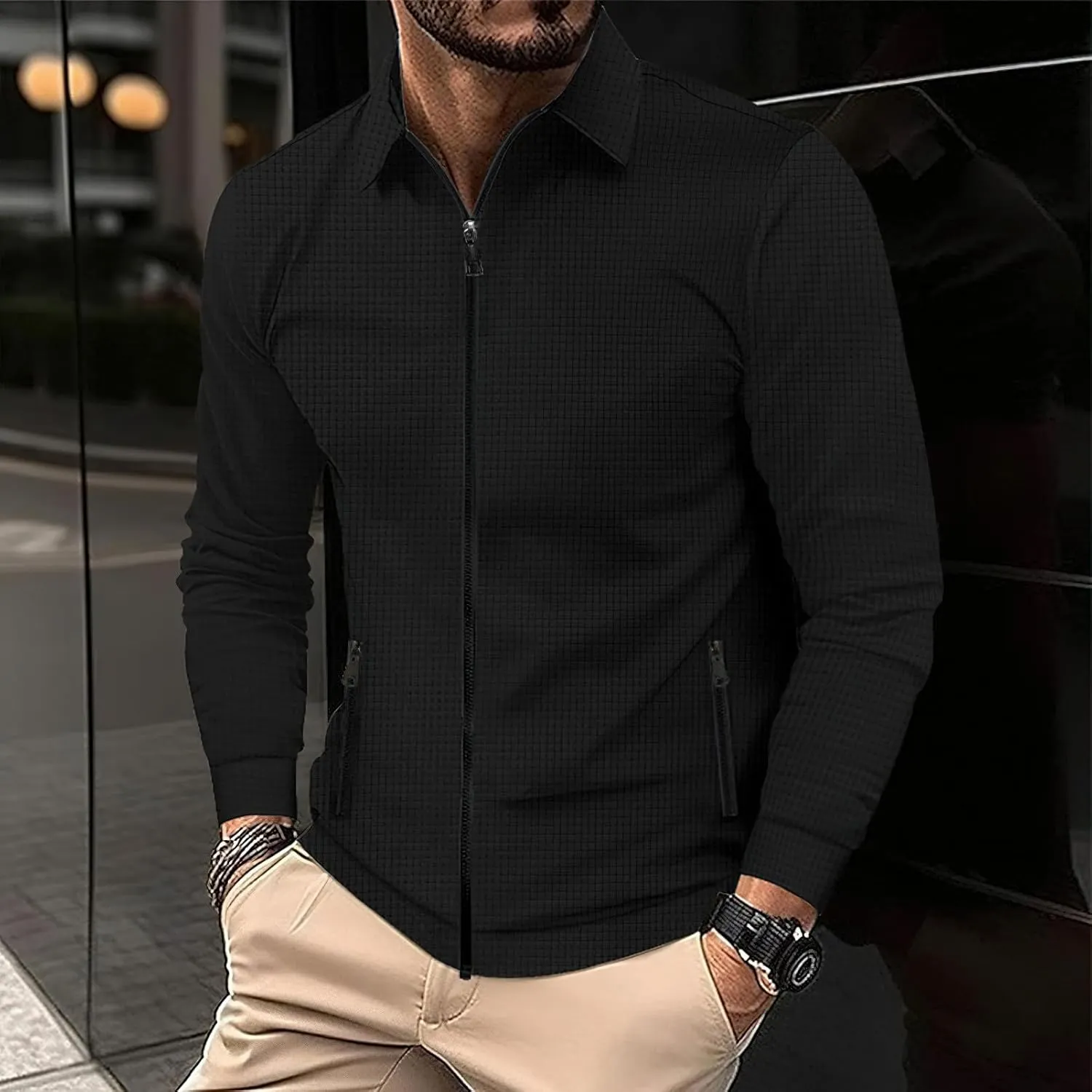 Men's Full Zip Polo Jacket & Drawstring Pants Set 2pcs Regular Fit Casual Sport Tracksuit with Pockets