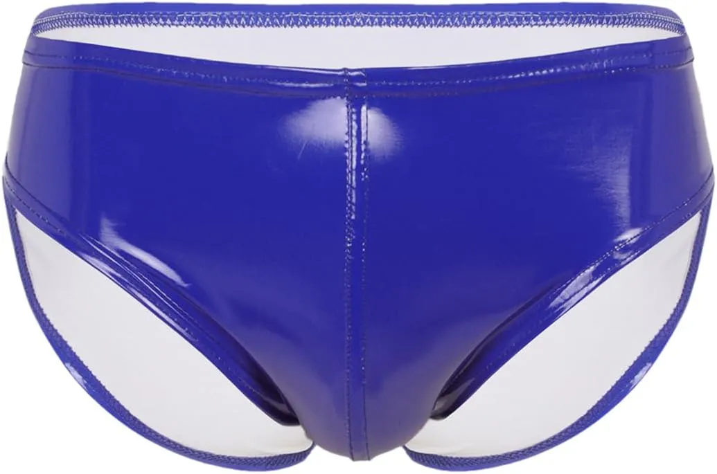 Men's Sexy Solid Color Patent Leather Briefs Low Waist Elastic Waistband Shorts Blue L