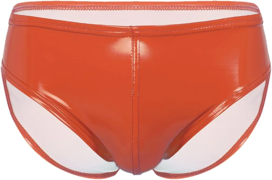 Men's Sexy Solid Color Patent Leather Briefs Low Waist Elastic Waistband Shorts Orange XXL