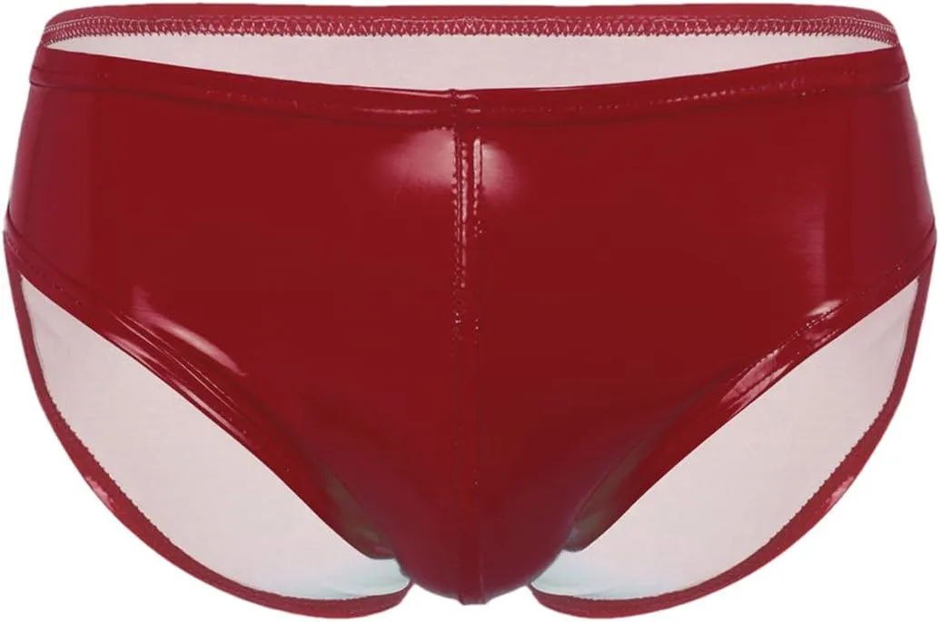 Men's Sexy Solid Color Patent Leather Briefs Low Waist Elastic Waistband Shorts Red 3XL