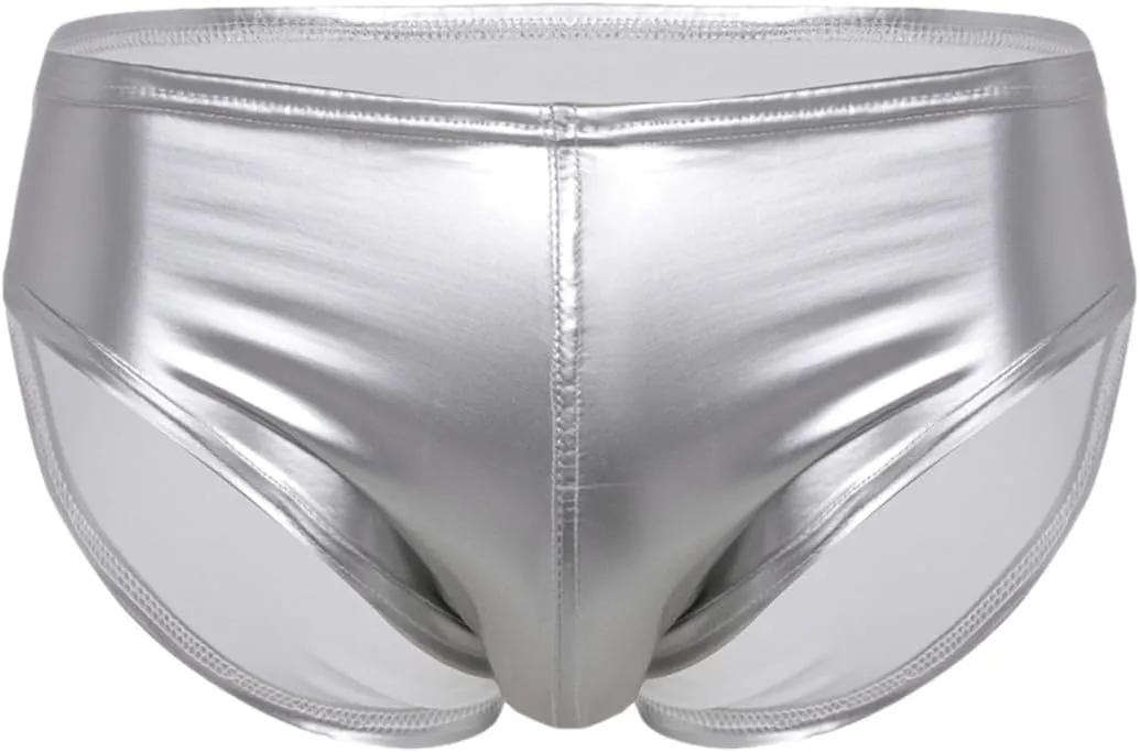Men's Sexy Solid Color Patent Leather Briefs Low Waist Elastic Waistband Shorts Silver 3XL