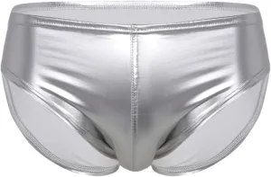 Men's Sexy Solid Color Patent Leather Briefs Low Waist Elastic Waistband Shorts Silver 3XL
