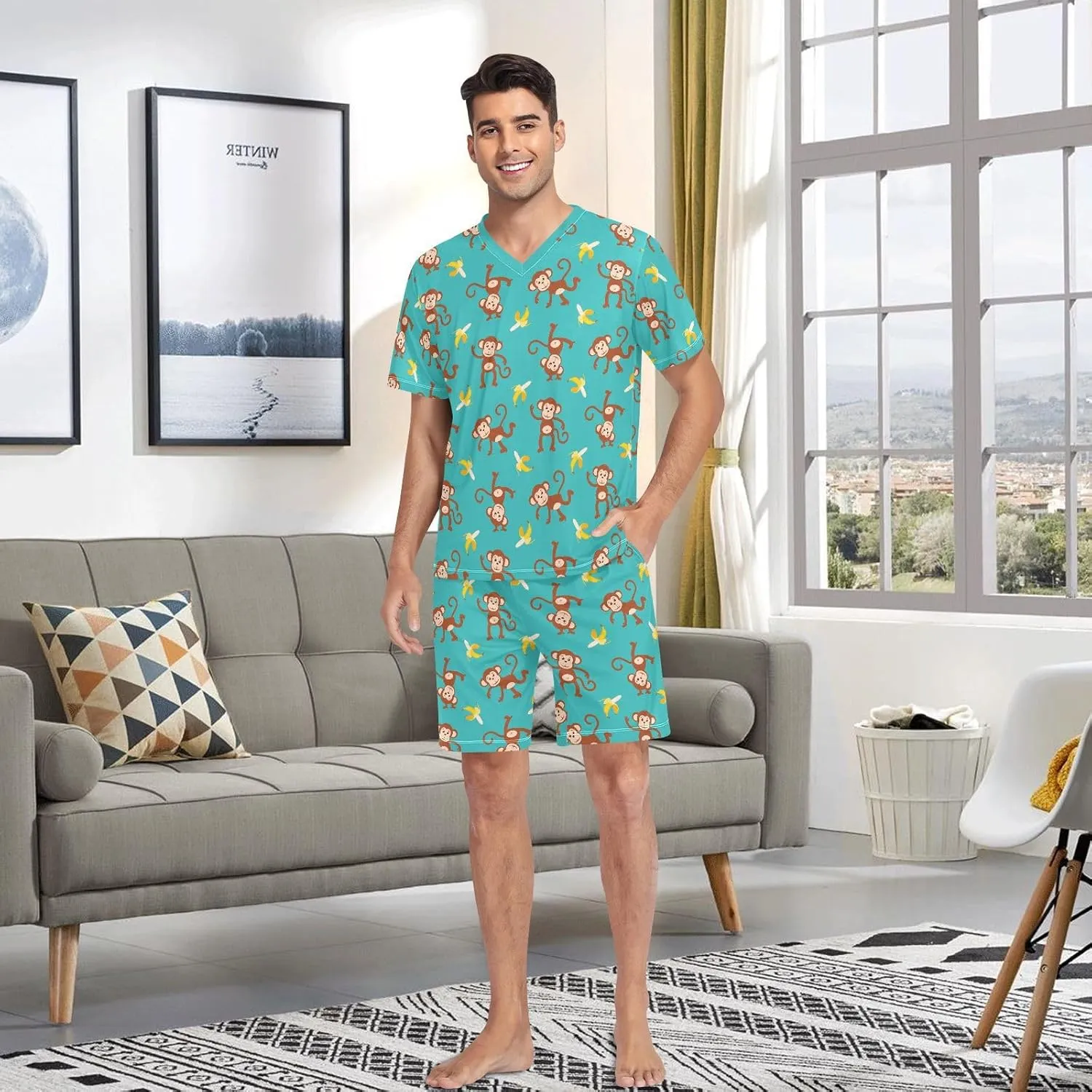Men's Short Sleeve Pajama Set Summer Pj Short Set 2 Piece Loungewear Sleepwear with Pockets