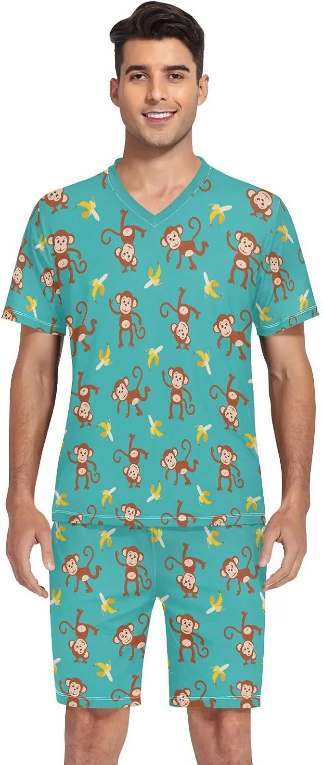 Men's Short Sleeve Pajama Set Summer Pj Short Set 2 Piece Loungewear Sleepwear with Pockets