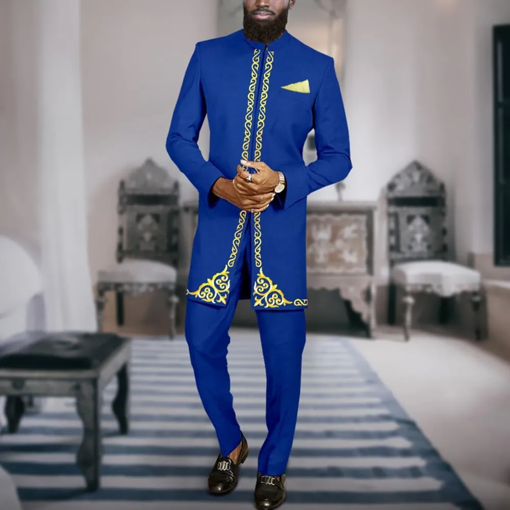 Men`s Suit African Clothes Embroidery Blazer and Pants 2 Piece Set Formal Outfits Dashiki Attire