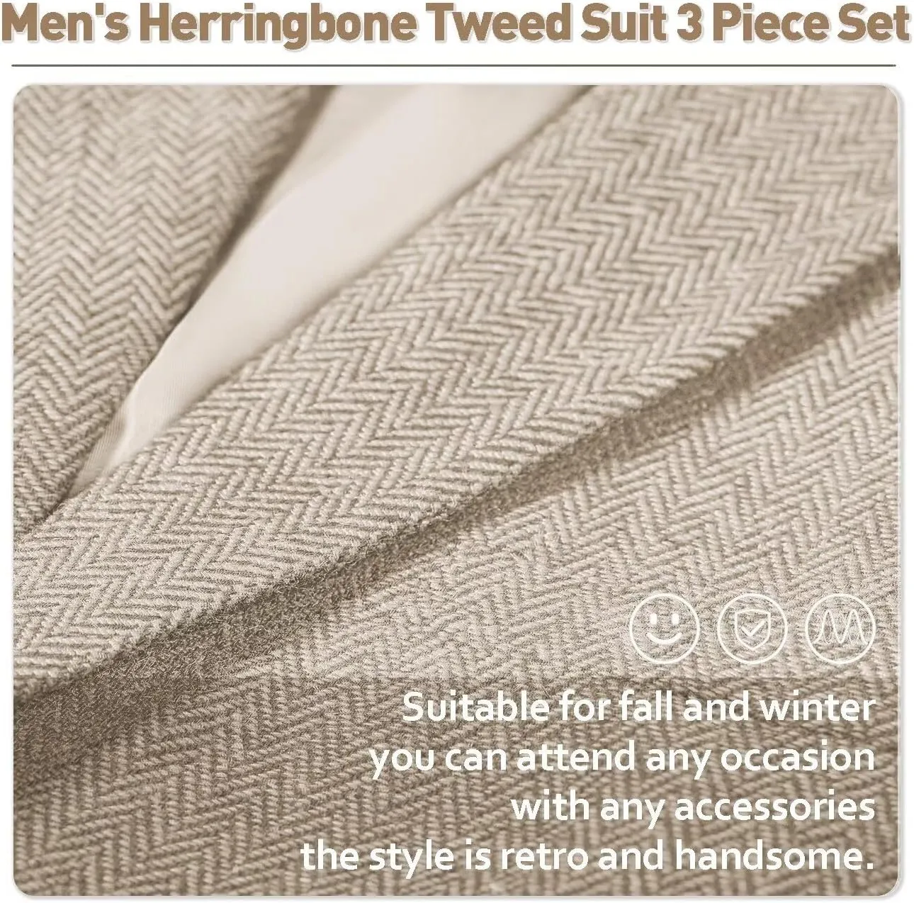 Mens Tweed Herringbone Suit Slim Fit 3 Pieces Mens Wedding Party Suit Groomsmen Tuxedos Prom Suit Jacket Vest Pants