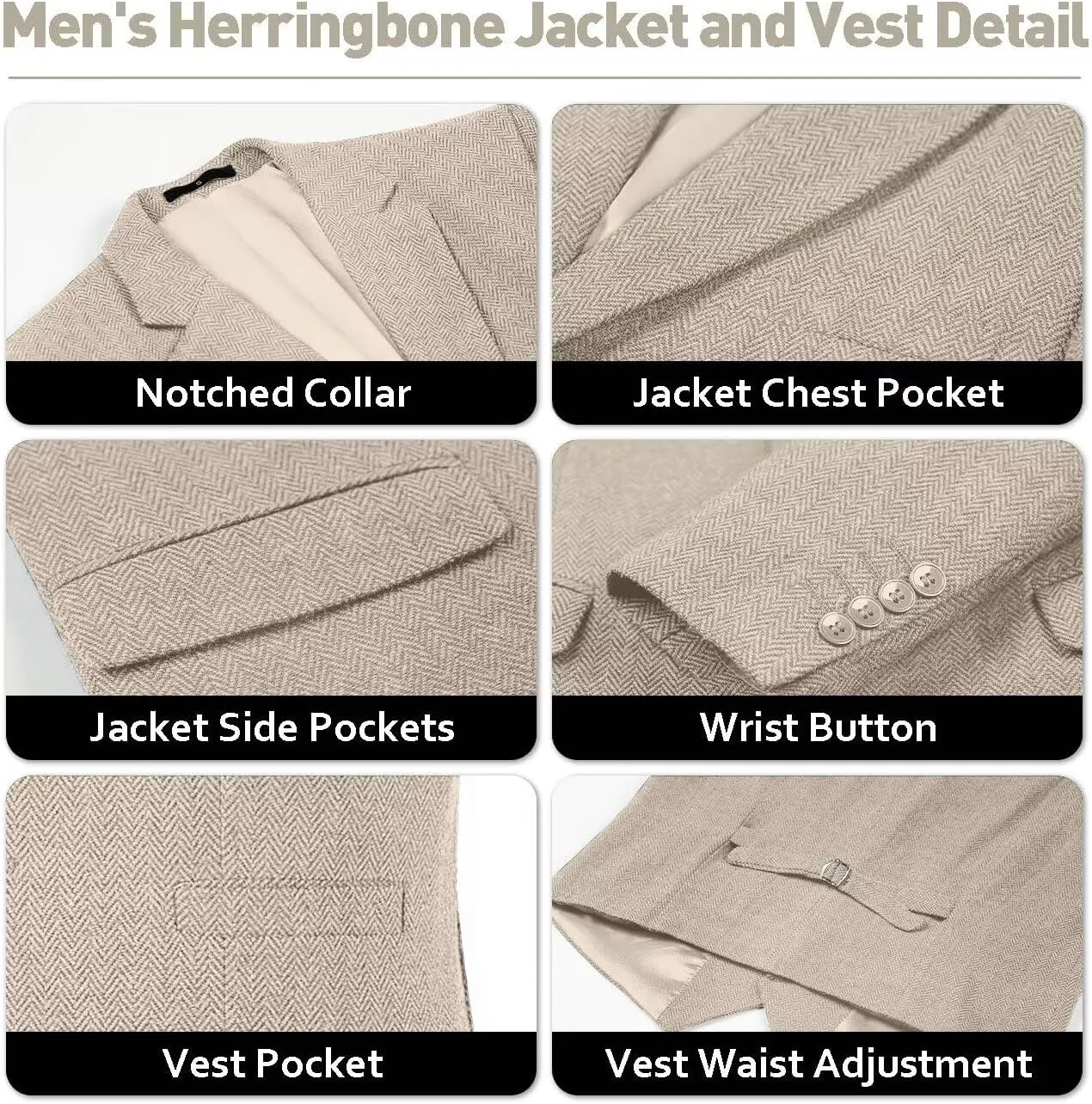 Mens Tweed Herringbone Suit Slim Fit 3 Pieces Mens Wedding Party Suit Groomsmen Tuxedos Prom Suit Jacket Vest Pants