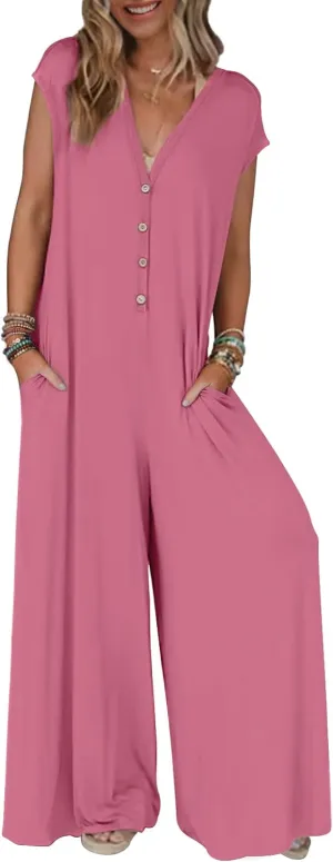 MEROKEETY Women's 2025 Summer Cap Sleeve Jumpsuits Deep V Neck Button Onesie Wide Leg Pants Rompers