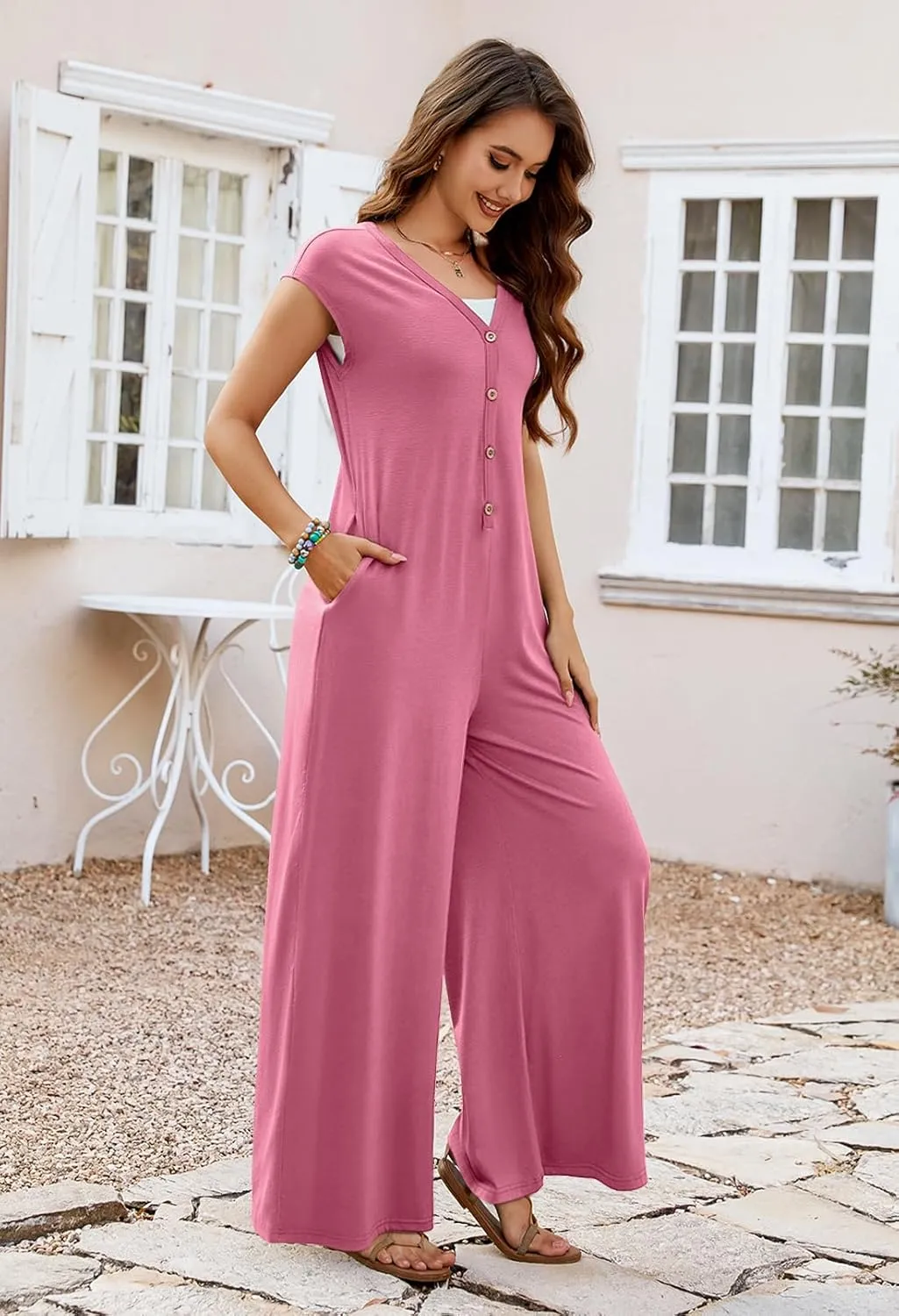 MEROKEETY Women's 2025 Summer Cap Sleeve Jumpsuits Deep V Neck Button Onesie Wide Leg Pants Rompers