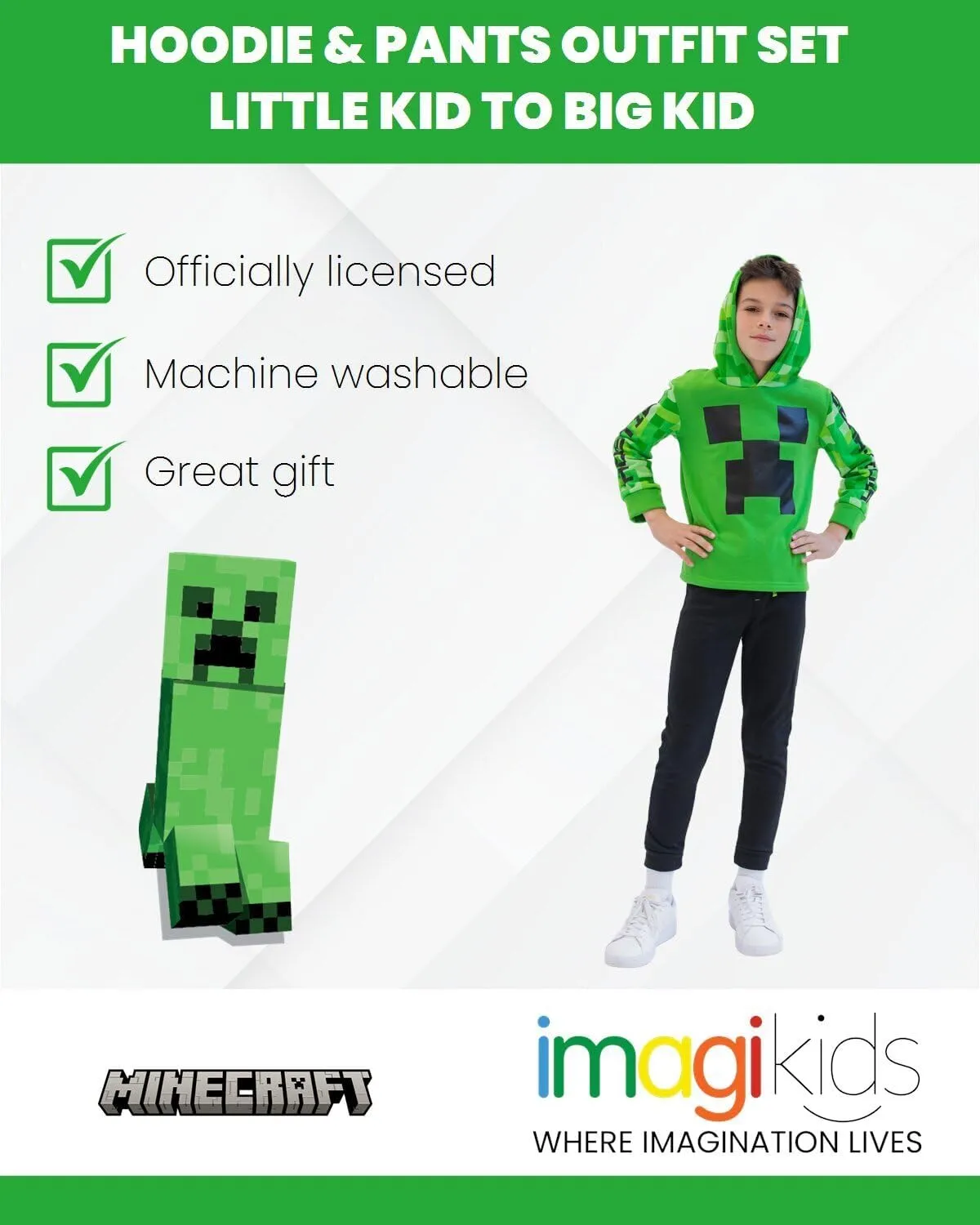 Minecraft Creeper Fleece Pullover Hoodie and Pants Outfit Set Little Kid to Big Kid