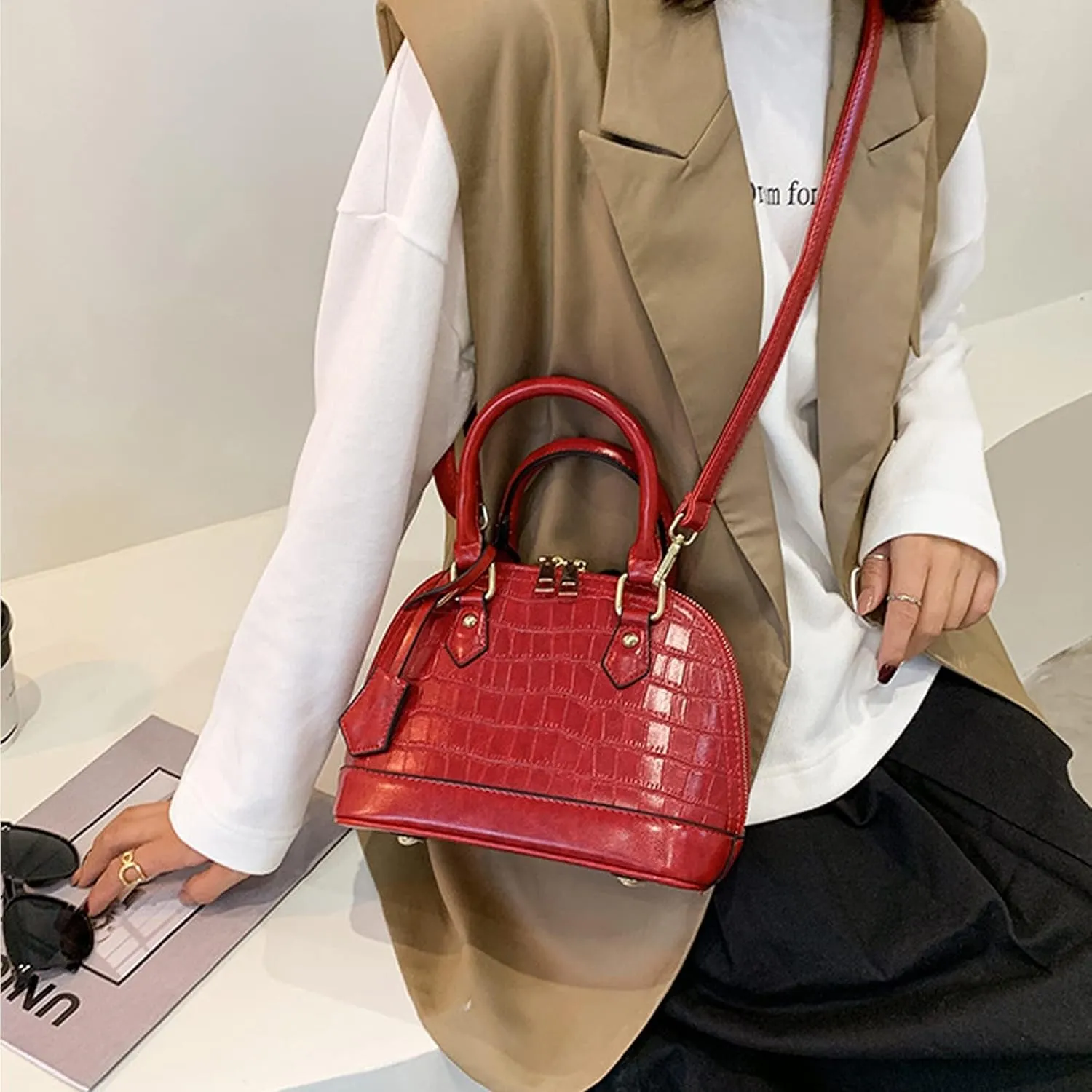 Mini Zip Around Dome Shoulder Bag Women's Shape Cross Body Handbag Purse Satchel Patent Leather Top Handle Tote