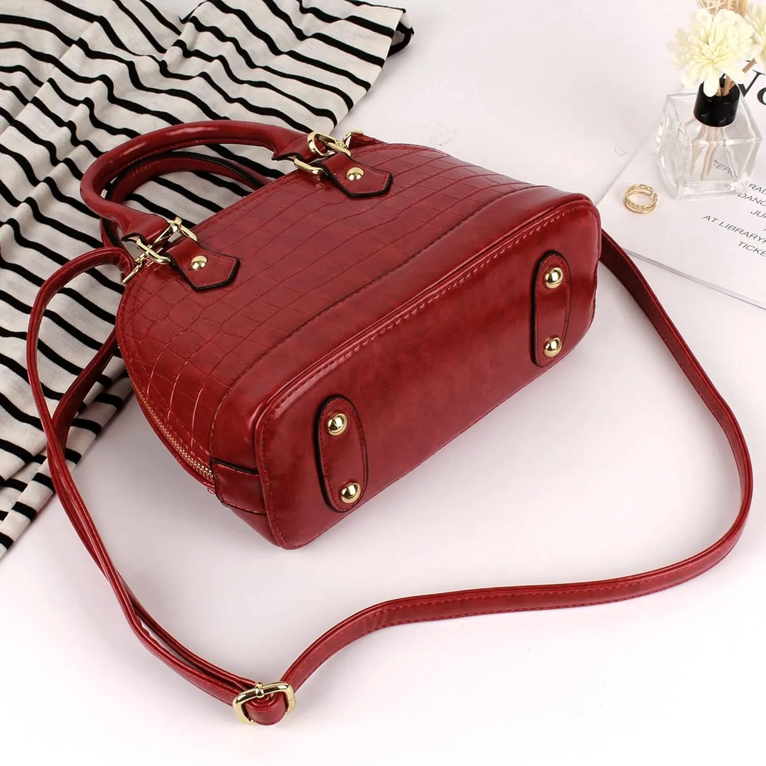 Mini Zip Around Dome Shoulder Bag Women's Shape Cross Body Handbag Purse Satchel Patent Leather Top Handle Tote