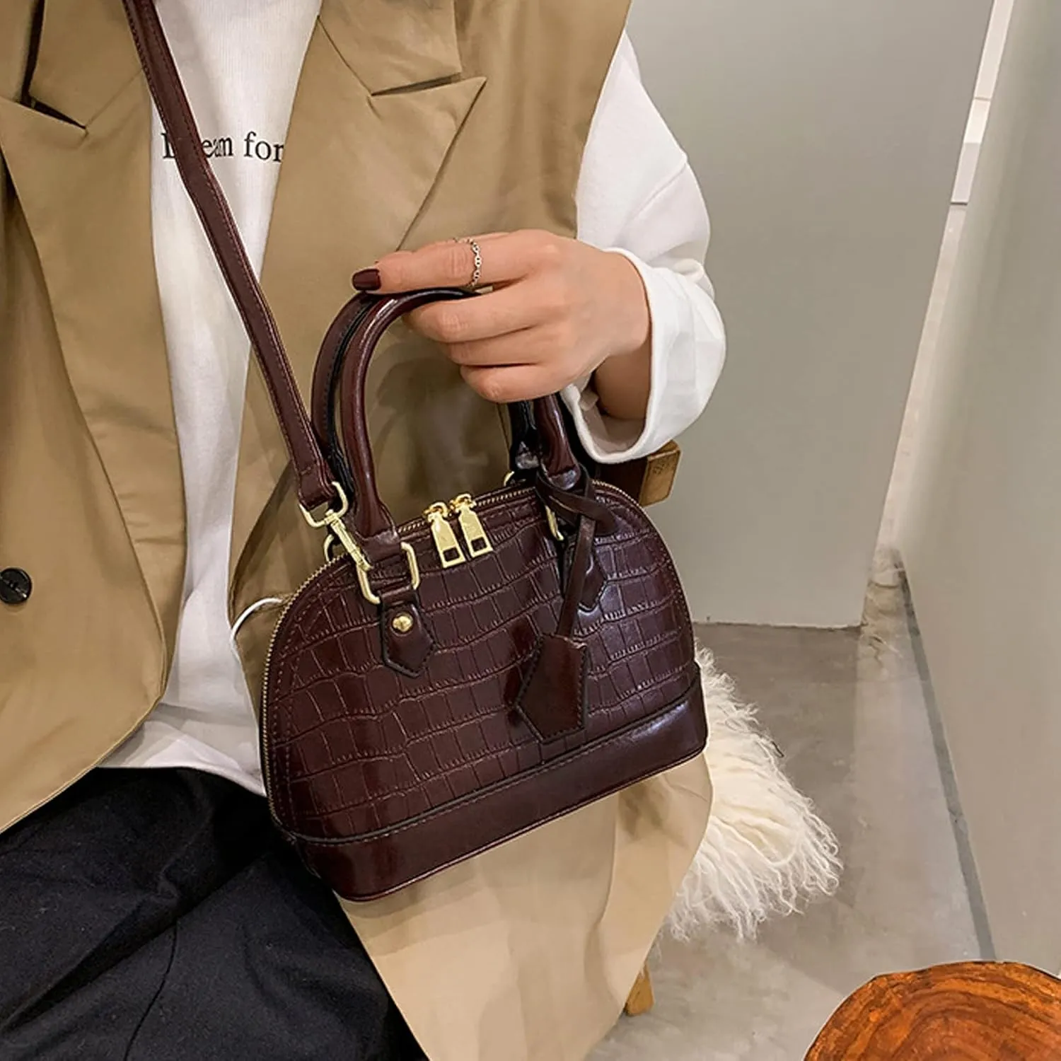 Mini Zip Around Dome Shoulder Bag Women's Shape Cross Body Handbag Purse Satchel Patent Leather Top Handle Tote