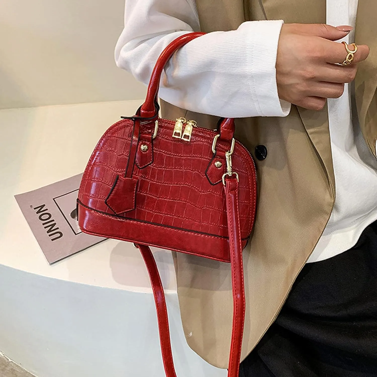 Mini Zip Around Dome Shoulder Bag Women's Shape Cross Body Handbag Purse Satchel Patent Leather Top Handle Tote