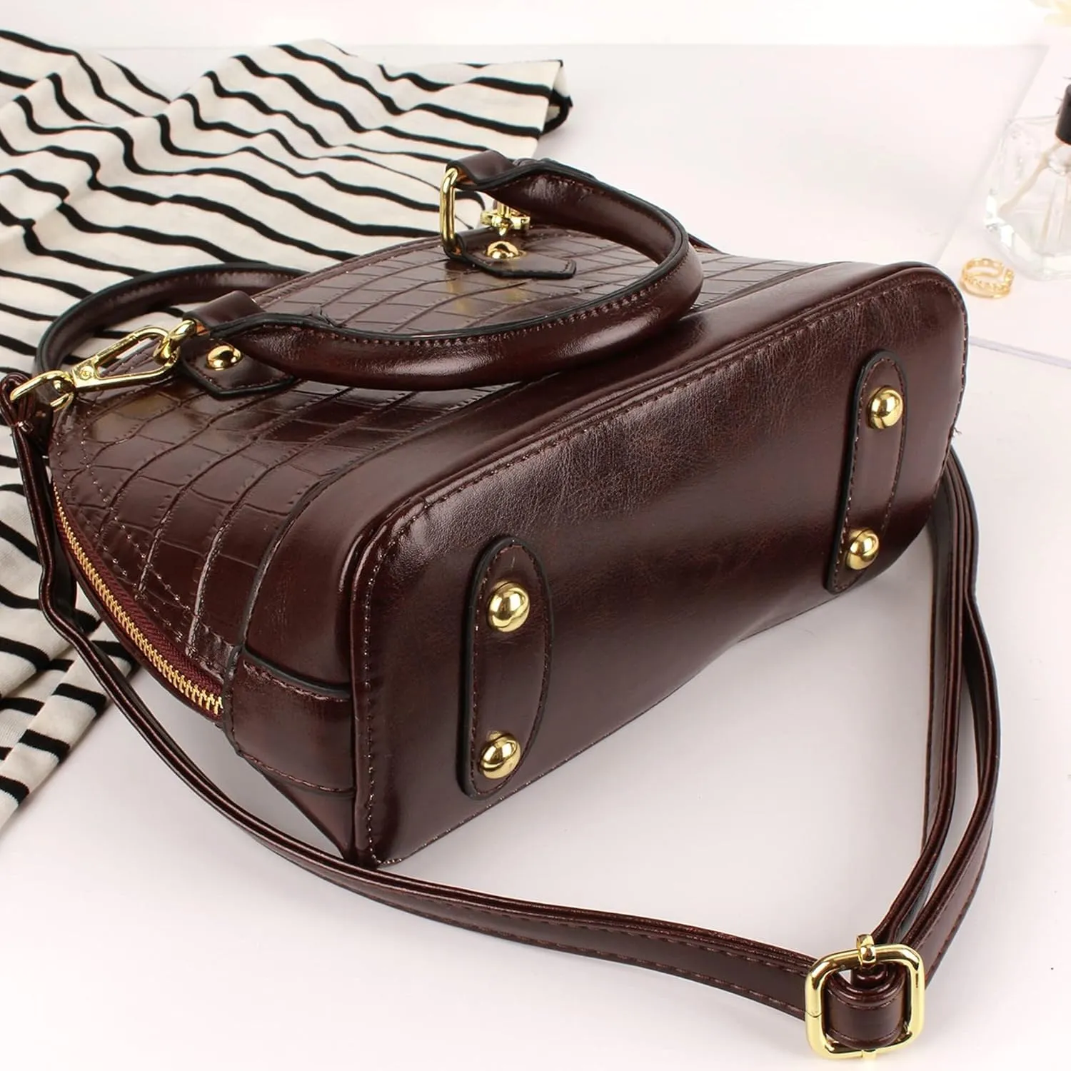 Mini Zip Around Dome Shoulder Bag Women's Shape Cross Body Handbag Purse Satchel Patent Leather Top Handle Tote