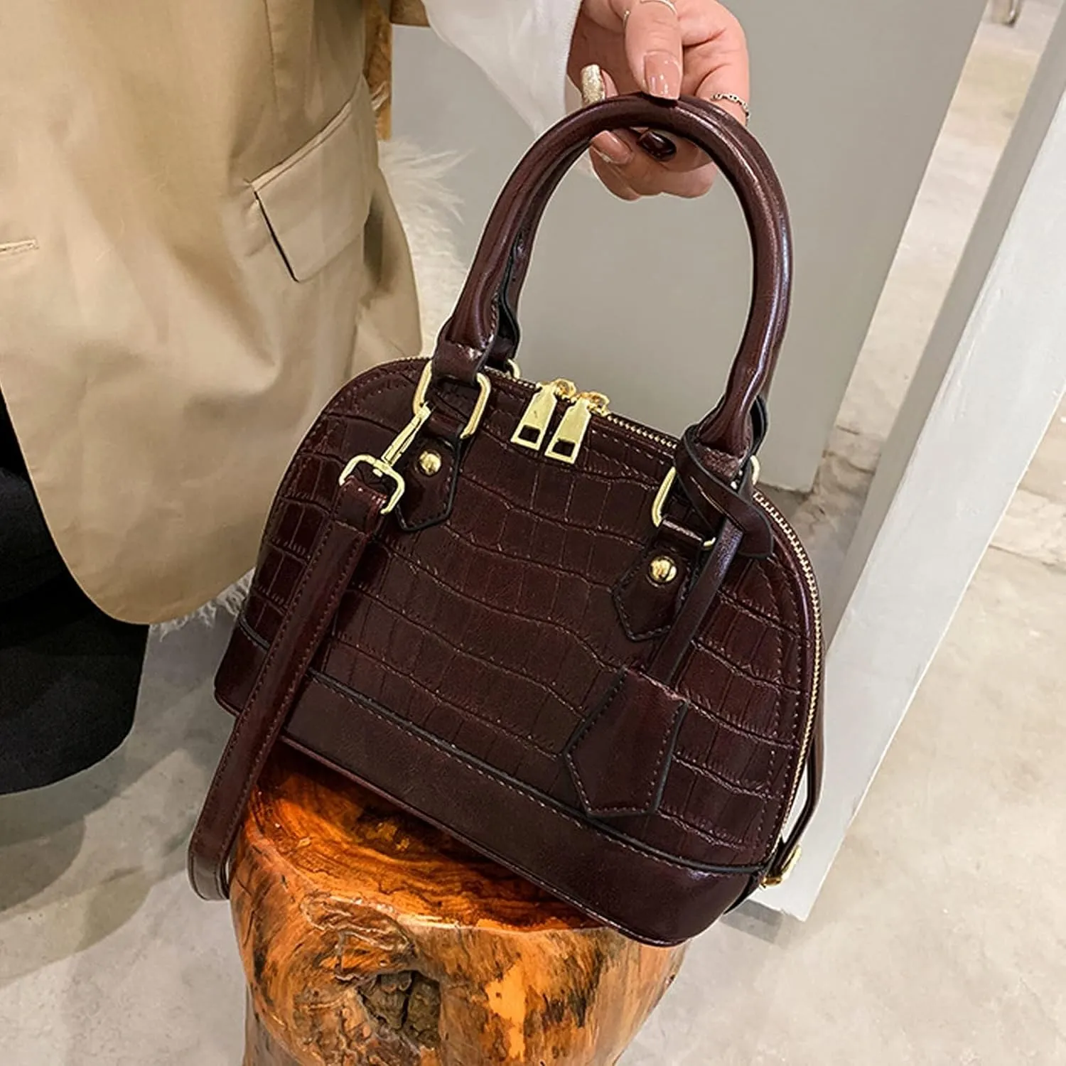 Mini Zip Around Dome Shoulder Bag Women's Shape Cross Body Handbag Purse Satchel Patent Leather Top Handle Tote